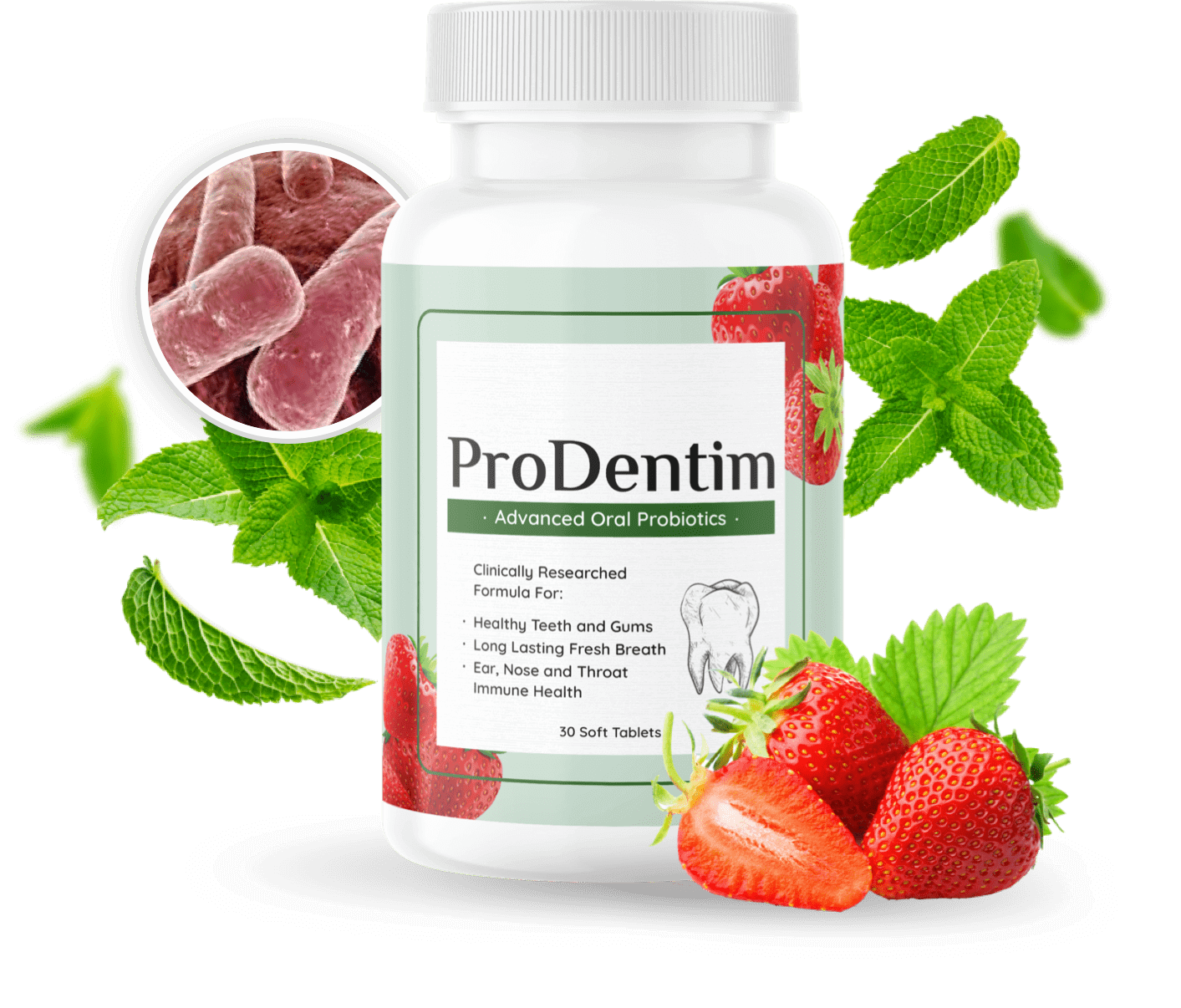 Bottles of ProDentim with its ingredients surrounding it